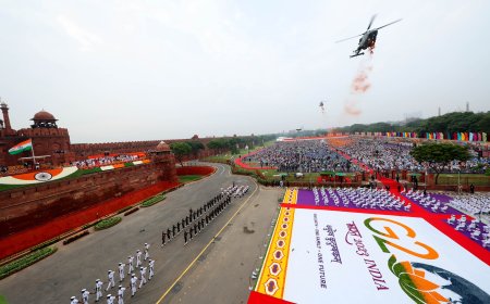A panoramic view of Red Fort on the occasion of 77th Independence Day from the ramparts of Red Fort, in New Delhi