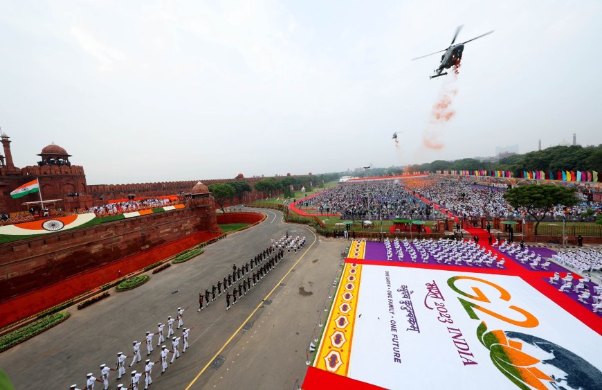 A panoramic view of Red Fort on the occasion of 77th Independence Day from the ramparts of Red Fort, in New Delhi