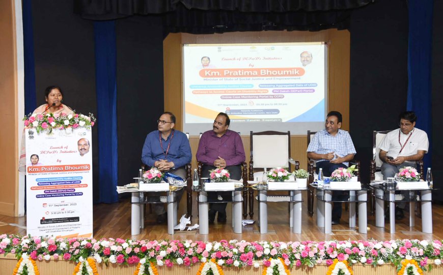 MOs for Social Justice and Empowerment, Sushri Pratima Bhoumik  addressing at the launch of DEPwD’s Initiatives at Ambedkar international centre