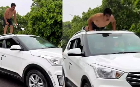 Reckless stunt: Man does push-ups on moving SUV