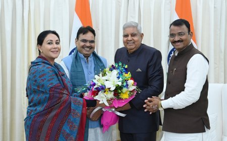 CM of Rajasthan Bhajan Lal Sharma, Deputy CM  Diya Kumari and Dr. Prem Chand Bairwa call on the Vice President, Jagdeep Dhankhar at Upa-Rashtrapati Nivas,