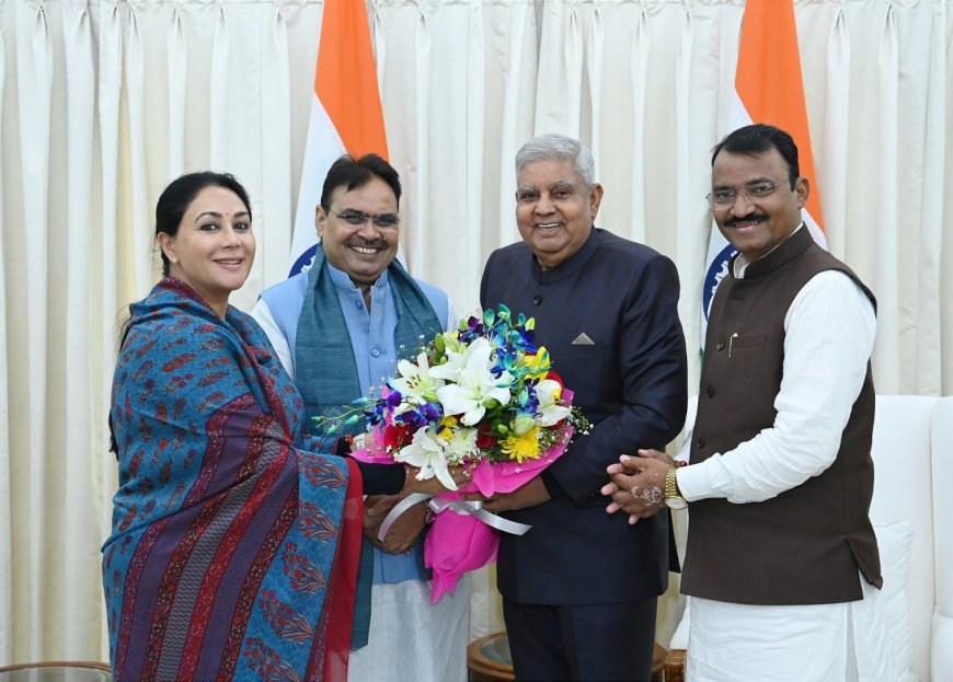 CM of Rajasthan Bhajan Lal Sharma, Deputy CM  Diya Kumari and Dr. Prem Chand Bairwa call on the Vice President, Jagdeep Dhankhar at Upa-Rashtrapati Nivas,