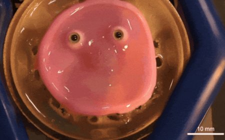A pink blob with beady eyes: Robot with 'living skin' and a pretty smile
