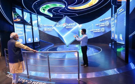 Prime Minister visits Anubhuti Kendra at Bharat Mandapam on completion of 3 years of PM GatiShakti