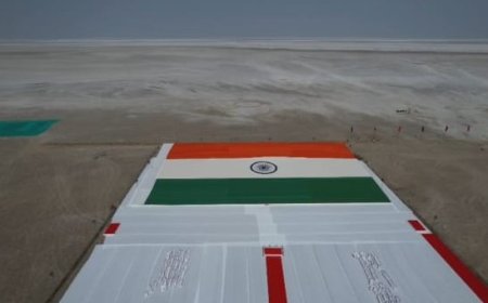 Grand display of the world's largest Khadi tricolor in the Rann of Kutch on the 77th Republic Day.